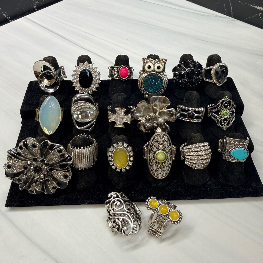 20pc Stretch Ring Lot Statement Rhinestone Cocktail Boho Fashion Jewelry Owl
